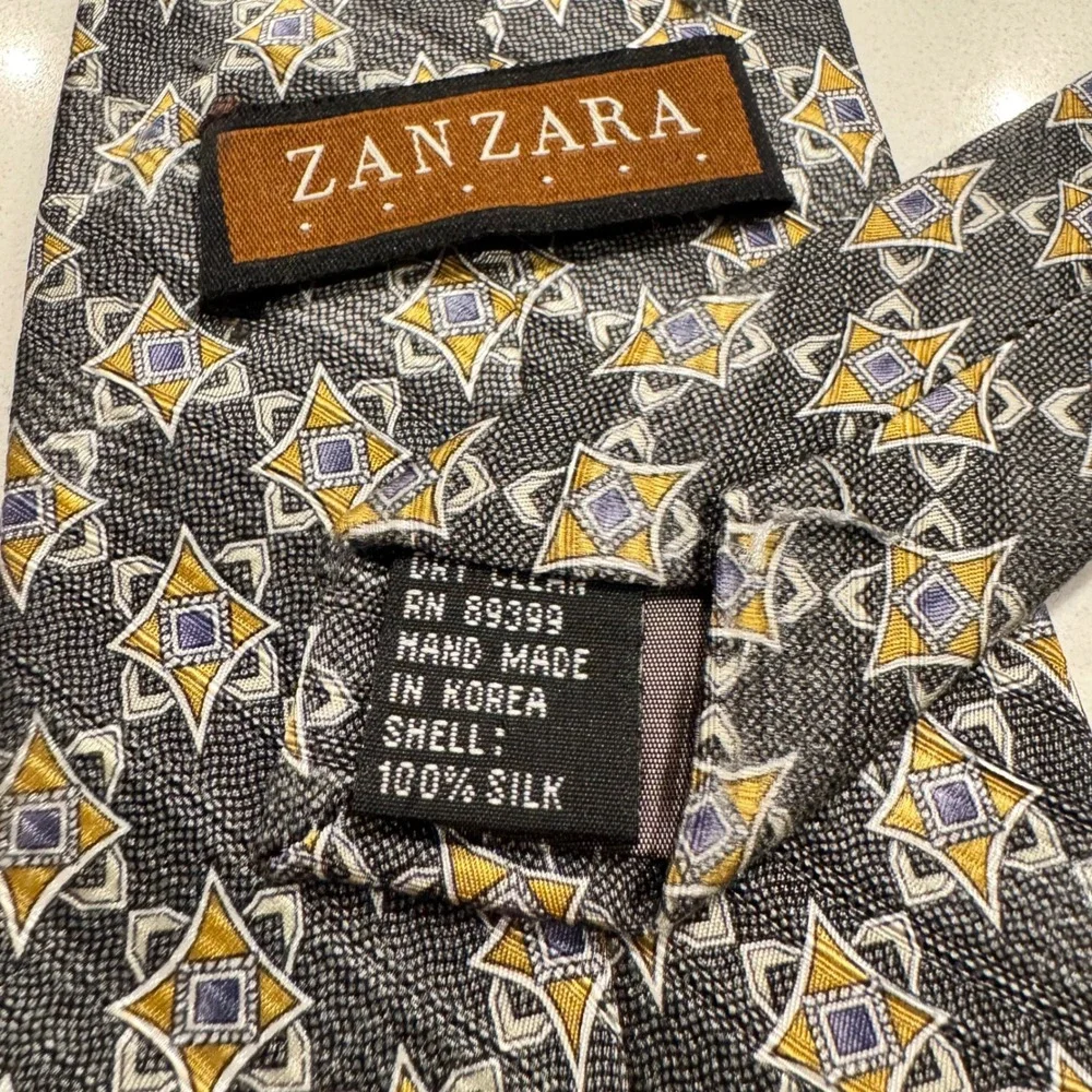 Zanzara Mens Silk Necktie Charcoal Grey Gold Geometric Star Pattern Hand Made
